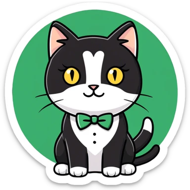 Female Tuxedo domestic short hair, more white than black, green/gold eyes sticker