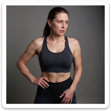 Realistic style image of a woman in sportswear inspired by the reference photo, showing pain in the right hip, with one hand on the right hip area and a pained expression, neutral background. sticker