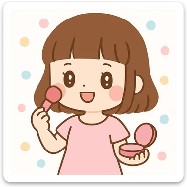 hime-cut brown hair girl in a light pink dress, putting on makeup, charming and lively sticker