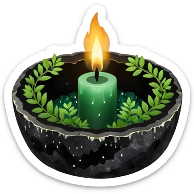 Black candle in a black geode crystal with herbs sticker