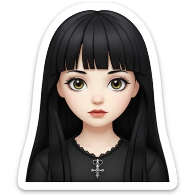 Gothic gir, black hair with bangs, slightly wavy, very long hair,long eyelashes, black eyes. sticker