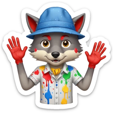 Wolf cartoon shaking hand wering hat and paint shirt children version  sticker