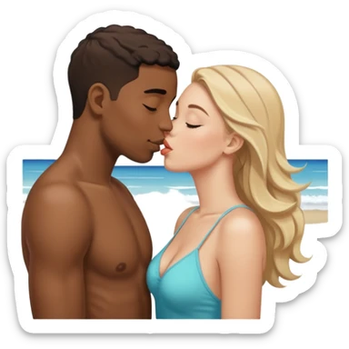 at the beach young Black man and white woman kiss love sticker
