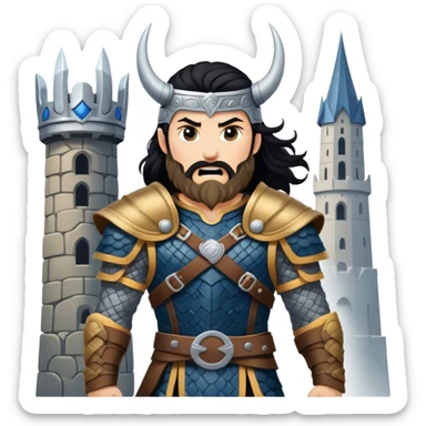 vikingo con armadura de Asgard, pelo negro ondulado, de pie, grito de guerra en torre de Asgard. sticker