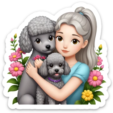 A beautiful girl with a high ponytail hugs a gray poodle among the flowers sticker