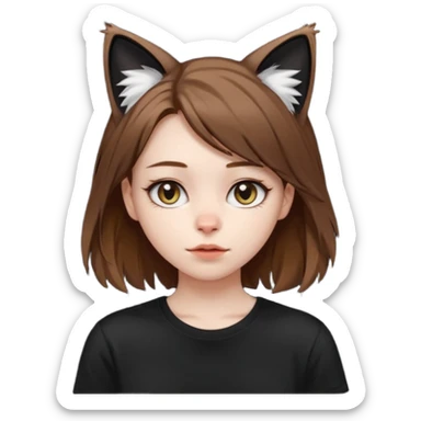 a girl with pale skin, shoulder lengh brown hair with lots of dandruff , cat ears and a tail, with a black t-shirt on sticker