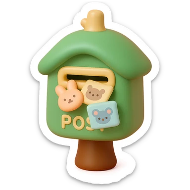 forest mailbox with tiny animal letters, cozy woodland theme, vinyl figure style, smooth and stylized sticker