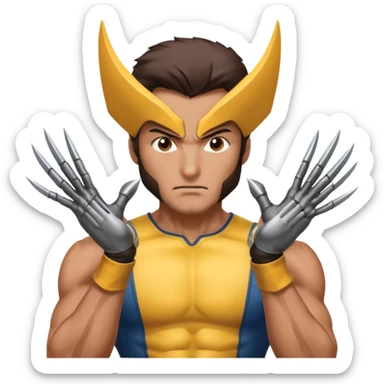 Make a man with brown eyes wearing a wolverine costume, with claws on his hands, who is wondering? sticker