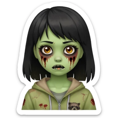 Girl with black hair and raccoon blonde streaks, bangs, light skin, zombie version, pale green skin, emoji style. sticker