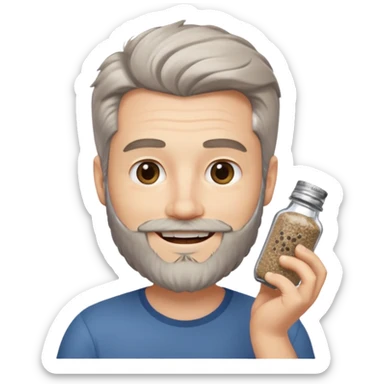 white man salt and pepper hair beard holding a white matease sticker