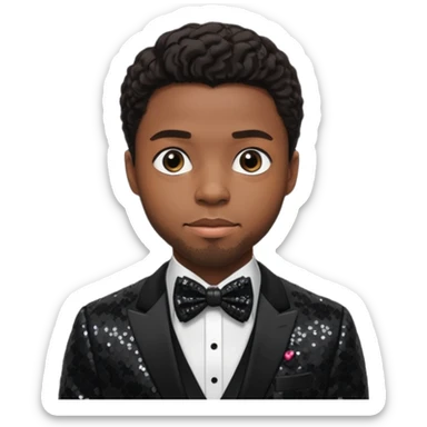  Chadwick Boseman with dark brown hair, black sequin suit with bow tie sticker
