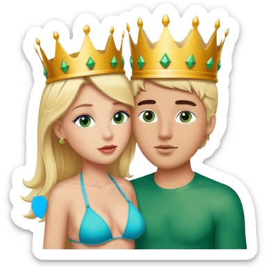 Blonde Queen Green eyes with crown in Bikini kissing Male subject without crown dark Hair blue eyes sticker