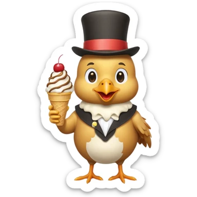 cartoon chicken with overalls, a top hat, and an ice cream sundae sticker