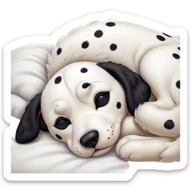 Meme-Worthy Cute Sleeping Spotted Dalmatian Portrait Emoji, Head resting peacefully with a contented smile, showcasing a delightfully majestic build and a luxuriously soft Fur of predominantly white with bold black patches, eyes shut in a serene nap, Simplified yet hilariously adorable features, highly detailed, glowing with a soft, drowsy light, high shine, relaxed and utterly lovable, stylized with an air of playful laziness, bright and heartwarming, soft glowing outline, capturing the essence of a comically sleepy guardian, so meme-worthy it feels like it could instantly become the next viral sensation of adorable slumber! sticker
