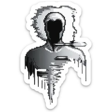 A paintbrush transforming into a silver metallic human silhouette emblem, symbol of artistic identity, with a polished finish sticker