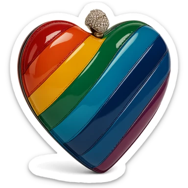 heart-shaped purse with rainbow stripes, inspired by Kurt Geiger, glossy finish, crystal-encrusted clasp, chic and luxurious sticker