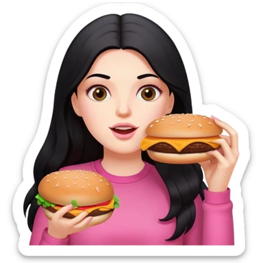 White girl in pink clothes and long black hair eating burger and pizza sticker