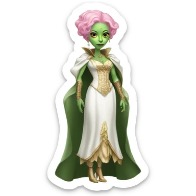 a green amazon alien woman in Victorian white gold, pink hair full body  sticker