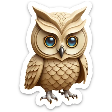 A guardian creature made of interlocking dunes that forms temporary bodies from compressed sand, adorned with gemstone eyes that change color to warn of approaching sandstorms or oasis locations. owl head, full body sticker