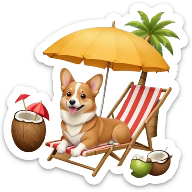 a corgi dog laied on a beach chair, a sunny beach, a sun umbrella, and beach coconut trees. the icon should capture the essence of a relaxing beach vacation with a carefree atmosphere sticker