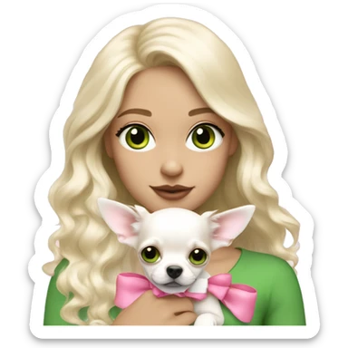 pale blond girl with wavy long platinum hair with green eyes holding a white chihuahua puppy that wearing a pink bow sticker