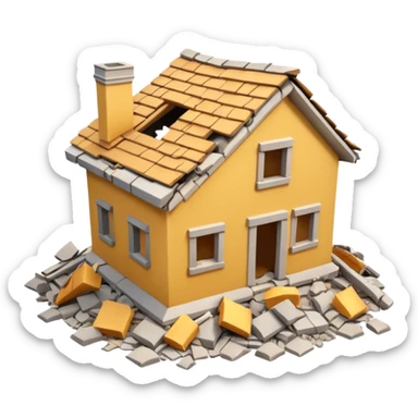 3D iPhone style emoji of a completely destroyed house, heavily damaged, collapsed into rubble, broken walls and roof scattered into debris, isolated on white background, soft shadows, high detail, playful and cute. sticker