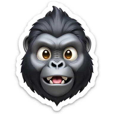 Cinematic Comical mountain Gorilla Portrait Emoji, Head tilted dramatically with an exaggeratedly shocked expression, featuring a stately black and grey mane and wide, comically expressive eyes full of humorous disbelief, Simplified yet hilariously expressive features, highly detailed, glowing with a slightly sassy jungle glow, high shine, dramatic yet playful, stylized with an air of quirky primate attitude, soft glowing outline, capturing the essence of a meme-worthy mountain that appears ready to side-eye its way into viral fame! sticker