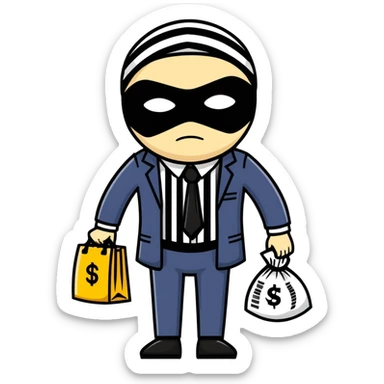 A thief with a bag of money on his back, wearing a striped suit and a black eye mask sticker