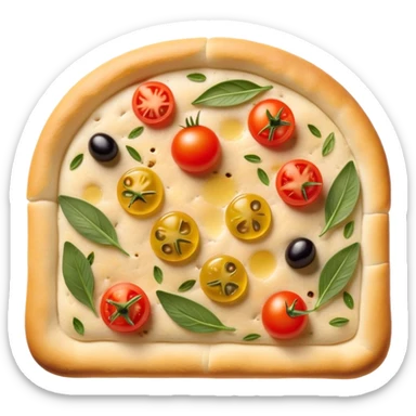 cinematic-realistic-focaccia-bread-dish-emoji,-depicted-as-a-golden,-olive-oil-brushed-flatbread-sprinkled-with-herbs-rendered-with-lifelike-texture-and-soft,-appetizing-lighting showing olives on top and the cherry tomatoes sticker