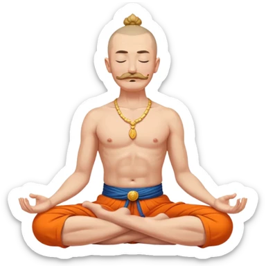 Cossack with bold head, long traditional mustache long lock of hair sprouting from the top or the front of an otherwise closely shaven head  meditating bare torso with closed eyes in lotus pose in orange sharovary sticker