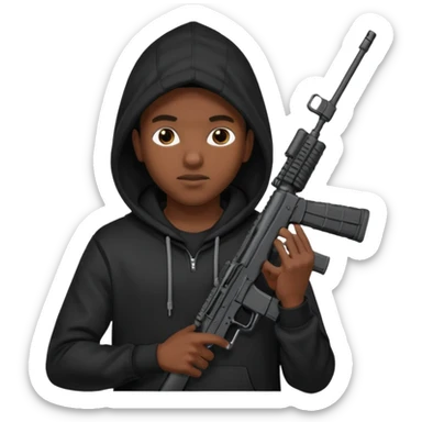 
Fais moi un jeune afro américain qui ressemble a un gangster qui tient une AR15 avec un hoodie a capuche, capuché sticker