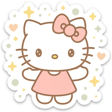 Hello Kitty, surrounded by floating glitter, shimmering and magical, classic style sticker