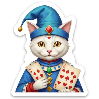 crazy colorful cute little cat jolly joker from poker, medieval, vintage, court jester, mac os icon, blue color, poker cards sticker