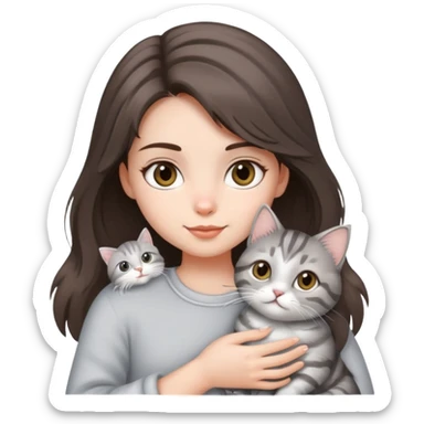 Brunette girl holds a cat of the Silver Tabby gray with white sticker