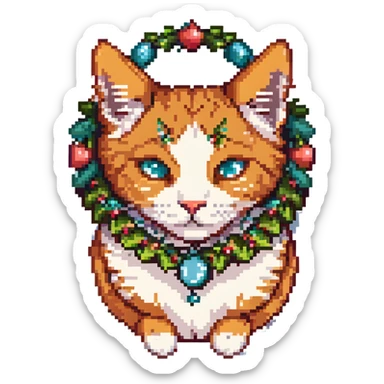 pixel art of a ginger cat with a garland around the head sticker