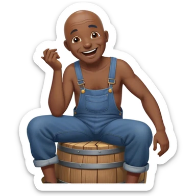Side view Laughing telling story Old bald black man sitting on barrel wearing overalls no shirt sticker