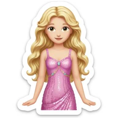 Aphrodite from Greek Mythology with long blonde wavy hair, pink sequin dress sticker