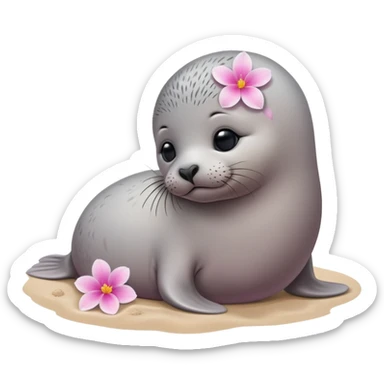 A small, slim baby seal resting gracefully on a sandy beach, with a delicate pink flower placed on its head.  Grey color sticker