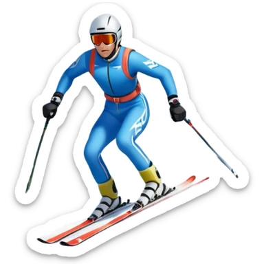 An icon featuring snowy peaks, pine trees, and a picturesque mountain landscape with a skier racing down a snow-covered slope, The sky is blue with soft clouds, capturing the thrill and beauty of alpine skiing. Transparent background highlights the excitement and serenity of winter sports. sticker