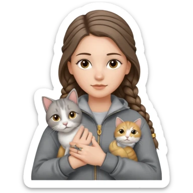 a white girl with long brunette hair in braid that is over her shoulder. shes holding a grey cat. the girl has long lashes and has on a grey zip up that is half way zipped  and under a white shirt and gold jewelry that is gold bracelets. sticker