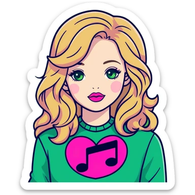 Pale skin wavy long brown hair blonde highlights, big green eyes, hot pink lips, female wearing green long sleeve shirt with black color music note on the front sticker