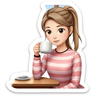 Gender: Female Hair: Low ponytail with face-framing strands Face: Rounded cheeks with natural blush, relaxed gaze Clothes: Striped long-sleeve dress Action: Holding steaming mug near window sticker