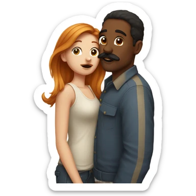 Red headed white girl kissing a brown man with mustache on the cheek  sticker