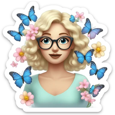 Gorgeous pastel lady with flowers and butterflies with blue eyes and glasses  sticker