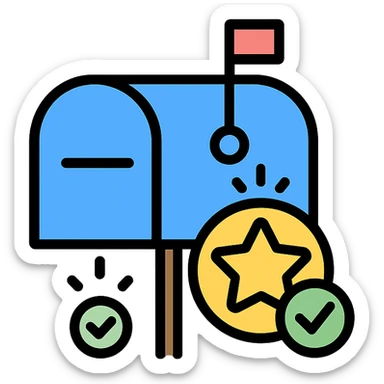 mailbox with a shining badge and checkmark, representing high reputation, colorful outlined icon style sticker
