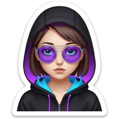 
girl with brown bob and blue eyes in a black hoodie and sunglasses. Cyberpunk style. Violet neon. sticker