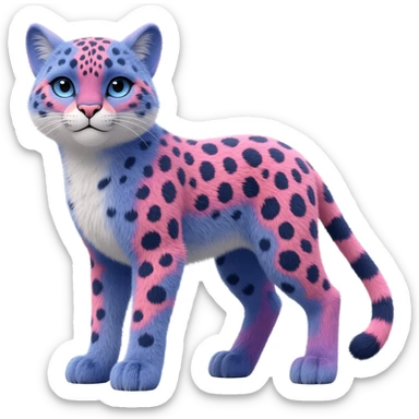 Hyper-realistic photo-realistic furry flurry fuzzy detailed Colorful bluish cute adorable tropical exotic fruity blueberry-themed rosy Caracal-Cheetah-Serval-Snow-Leopard-Trico-Sergal-Vernid-fusion-hybrid-animal-creature, full body, with tribal markings sticker