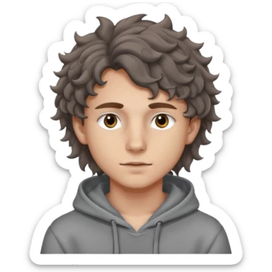18 year old boy siren eyes good jawline with grey hoodie and long brown wavy curly wolf cut hair sticker