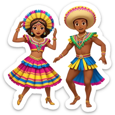 Cinematic Realistic scene of two dancers performing Cumbia, adorned in colorful traditional Colombian costumes with intricate details, captured in rhythmic motion with lively, festive lighting sticker