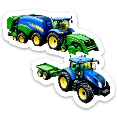 Baler – New Holland Roll-Belt 560 (2018) – Cinematic-realistic John Deere 6155M tractor towing a New Holland Roll-Belt 560 baler, its deep green body contrasting with the bright blue baler. The massive machine moves steadily through golden fields, compressing freshly cut hay into tight round bales, while dust swirls under the blazing afternoon sun. sticker